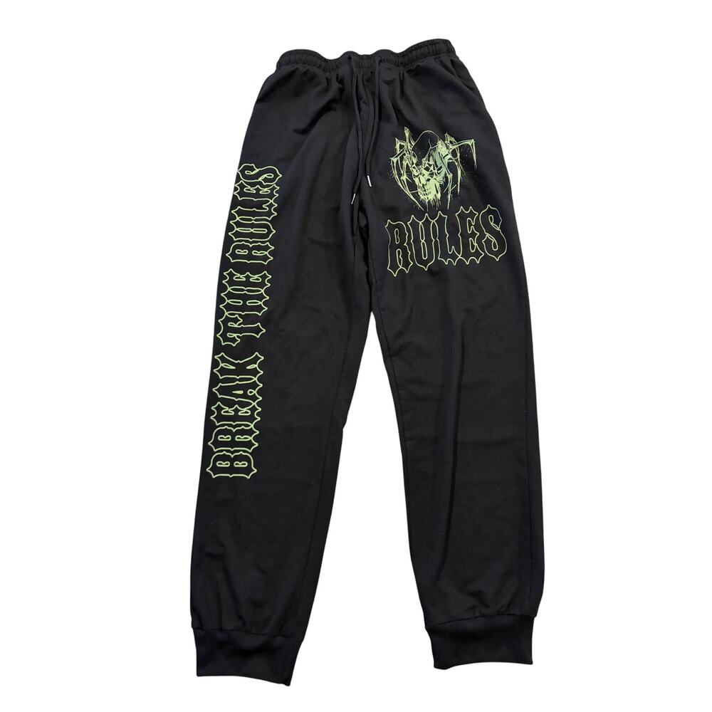 ROMWE XL Black Graphic Joggers Rules Skull Goth Streetwear Drawstring Sweatpants